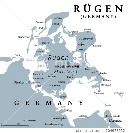 Ruegen or Rugia, the largest island of Germany, gray political map. Located off the Pomeranian coast in the Baltic Sea. The Hanseatic city of Stralsund is a gateway to the island. Illustration. 104977232