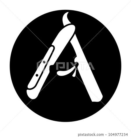 Straight razor, Last Judgement, symbol for the Apocalypse. I am the Alpha and the Omega! (Jesus words in Book of Revelation). Open razors (Letter Alpha) in a black circle (Omega). Crop circle pattern. Straight razor, Last Judgement, symbol for the Apocalypse. I am the Alpha and the Omega! (Jesus words in Book of Revelation). Open razors (Letter Alpha) in a black circle (Omega). Crop circle pattern. 104977234