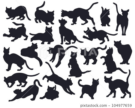 Cat silhouettes. Black icons, shadow animals sit, kitten tail pose, playful kitty pet standing. Cute funny domestic animals playing, vet clinic, isolated elements. Vector outline illustration Cat silhouettes. Black icons, shadow animals sit, kitten tail pose, playful kitty pet standing. Cute funny domestic animals playing, vet clinic, isolated elements. Vector outline illustration 104977659