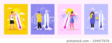 People with thermometers. Cold and hot weather. Winter and summer temperature meter. Sunstroke or thirst. Sun heat. Warm clothes. Shivering from the cool. Vector meteorology cards set 104977676