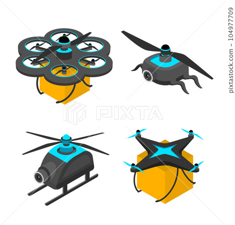 Drone set. Flying robotic gadgets with propellers, electronic devices delivery with parsels. panoramic photo or video equipment. Future technologies. Cartoon isometric vector illustration Drone set. Flying robotic gadgets with propellers, electronic devices delivery with parsels. panoramic photo or video equipment. Future technologies. Cartoon isometric vector illustration 104977709