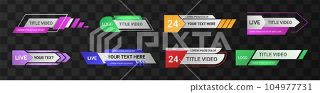 Lower third title. Video templates, headline live name banners for soccer stream. Television or web broadcast headers. Geometric frame digital design. Streaming labels. Vector note set 104977731