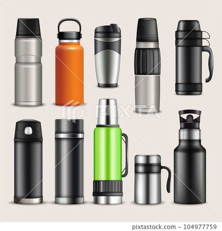 Travel mugs. Thermo bottles mockup, drink container identity, corporate tea or coffee business template. Different thermos. Containers for beverages various forms. Vector realistic illustration Travel mugs. Thermo bottles mockup, drink container identity, corporate tea or coffee business template. Different thermos. Containers for beverages various forms. Vector realistic illustration 104977759