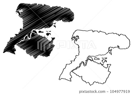 Medway Unitary authority, Non-metropolitan borough (United Kingdom of Great Britain and Northern Ireland, ceremonial county Kent, England) map vector illustration, scribble sketch map 104977919