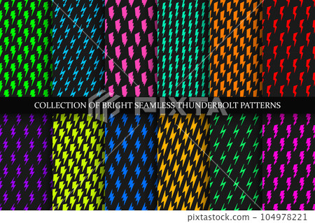 Collection of vector colorful seamless patterns with flash symbols. Bright multicolor endless design. Vibrant repeatable backgrounds 104978221