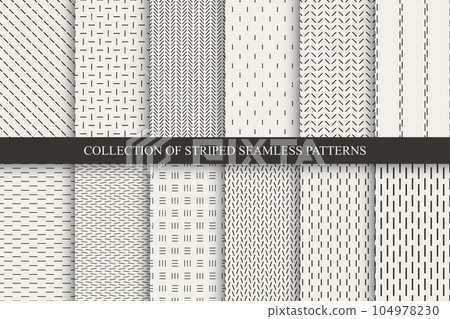 Collection of minimalistic striped seamless patterns. Beige endless linear textures. Repeatable unusual simple monochrome backgrounds Collection of minimalistic striped seamless patterns. Beige endless linear textures. Repeatable unusual simple monochrome backgrounds 104978230