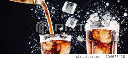 Pouring of Cola and Ice. Cola soda and ice splashing fizzing or floating up to top of surface. Close up of ice in cola water. Texture of carbonate drink with bubbles in glass. Cold drink background Pouring of Cola and Ice. Cola soda and ice splashing fizzing or floating up to top of surface. Close up of ice in cola water. Texture of carbonate drink with bubbles in glass. Cold drink background 104978438