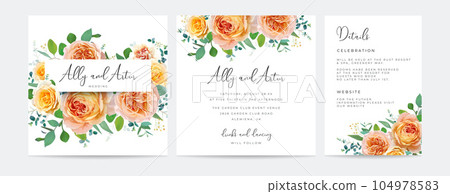 Floral square wedding invite, details card. Peach orange, yellow color rose flowers, green eucalyptus branches, leaves bouquet. Watercolor style bright editable vector illustration. Chic template set 104978583