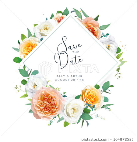 Wedding invite save the date card. Elegant floral watercolor peach orange, yellow garden rose, white jasmine, eustoma flower, green eucalyptus leaves wreath. Editable bouquet frame vector illustration Wedding invite save the date card. Elegant floral watercolor peach orange, yellow garden rose, white jasmine, eustoma flower, green eucalyptus leaves wreath. Editable bouquet frame vector illustration 104978585