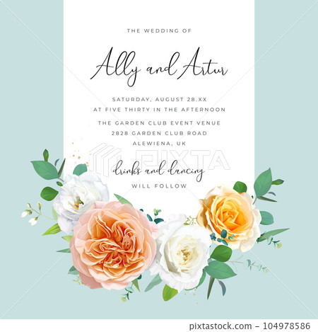 Vector floral wedding invite, save the date card. Watercolor peach, yellow roses, white jasmine flowers, green eucalyptus leaves bouquet illustration on skylight blue background. Editable illustration 104978586