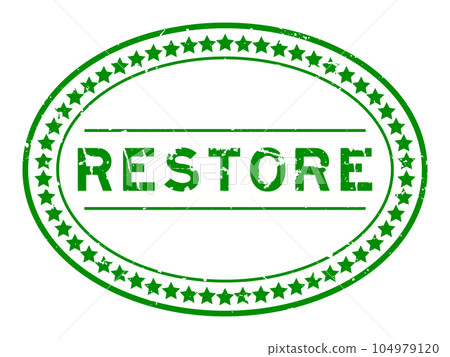 Grunge green restore word oval rubber seal stamp on white background 104979120
