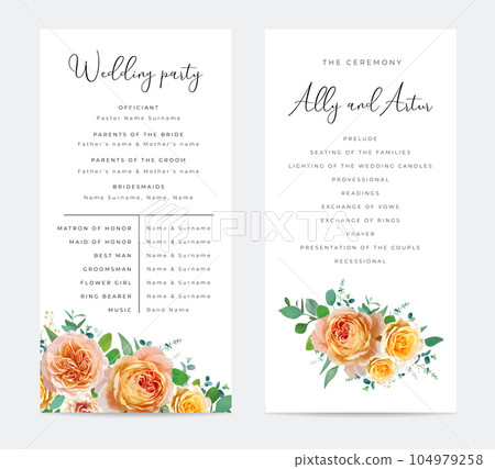 Floral wedding party, ceremony program card. Peach, orange, yellow color rose flowers, green eucalyptus branches, leaves bouquet border. Watercolor, editable vector illustration. Elegant templates set 104979258