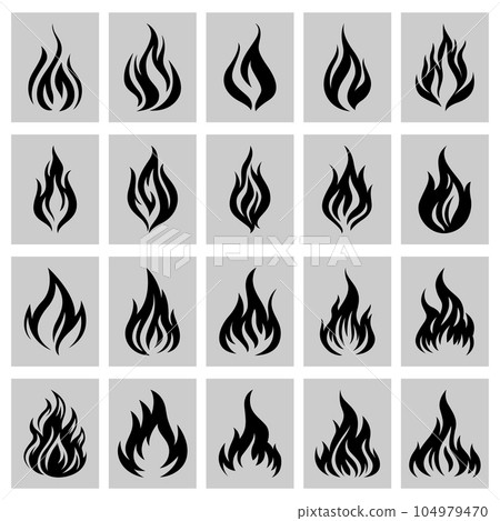 Flat Vector Black and White Fire Flame Silhouette Icon Set. Campfire Shape Sign, Isolated. Bonfire Collection Flat Vector Black and White Fire Flame Silhouette Icon Set. Campfire Shape Sign, Isolated. Bonfire Collection 104979470