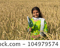 Girl waving flag of Pakistan outdoors over blue cloudy sky and golden wheat. 104979574