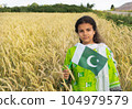Girl waving flag of Pakistan outdoors over blue cloudy sky and golden wheat. 104979579
