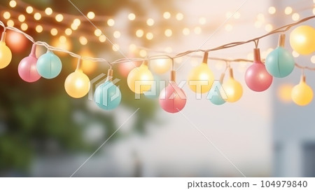 Lights garland on summer beach cafe. Illustration AI Generative 104979840