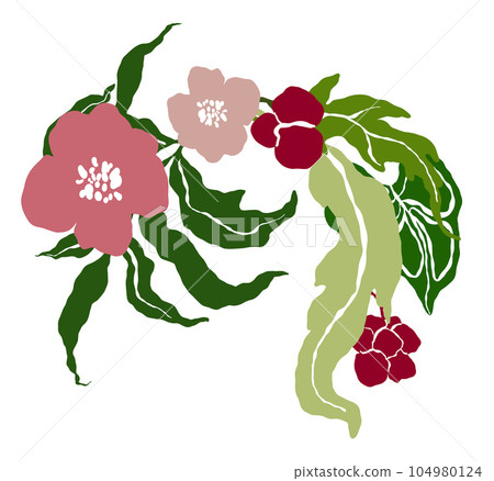 Vector tropical abstract bouquet of red and pink flowers, green leaves. Hand painted floral poster isolated on white background. Holiday Illustration for design, print, fabric or background. 104980124
