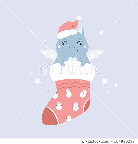 Christmas holiday illustration with adorable dragon in a santa hat sitting in a sock 104980282