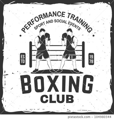 Boxing club badge, logo design. Vector illustration. For Boxing sport club emblem, sign, patch, shirt, template. Vintage monochrome label, sticker with Boxer Silhouette. 104980344