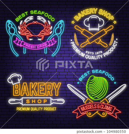 Set of Bakery and seafood badges. Vector. For emblem, sign, patch, shirt, menu restaurants with rolling pin, wheat ears, crab, mussels and clams. Neon sign bright signboard light with wheat ears, crab 104980350