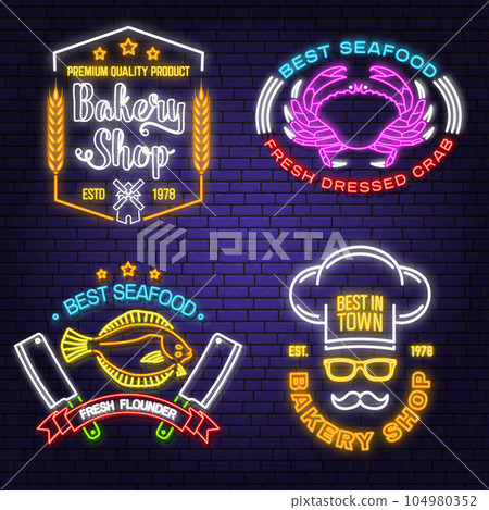 Set of Bakery and seafood badges. Vector. For emblem, sign, menu restaurants with windmill, wheat ears, crab, flounder. Neon sign bright signboard light with crab, Alaska sole or flounder, bread. 104980352
