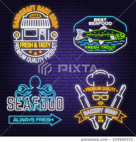 Set of Bakery and seafood badges. Vector. For emblem, sign, menu restaurants with bread store, octopus, trout, rolling pin. Neon sign bright signboard light with trout, octopus, bread, fish. 104980353