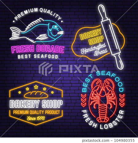 Set of Bakery and seafood badges. Vector. For emblem, sign, menu restaurants with rolling pin, bread, wheat ears, lobster, dorade. Neon sign bright signboard light with dorade, lobster, bread. Set of Bakery and seafood badges. Vector. For emblem, sign, menu restaurants with rolling pin, bread, wheat ears, lobster, dorade. Neon sign bright signboard light with dorade, lobster, bread. 104980355