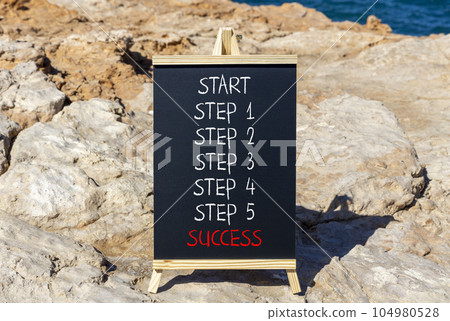 Start and step to success symbol. Concept word Start step 1 2 3 4 5 Success on beautiful black blackboard on beautiful stone sky background. Business start and step to success concept. Copy space. Start and step to success symbol. Concept word Start step 1 2 3 4 5 Success on beautiful black blackboard on beautiful stone sky background. Business start and step to success concept. Copy space. 104980528