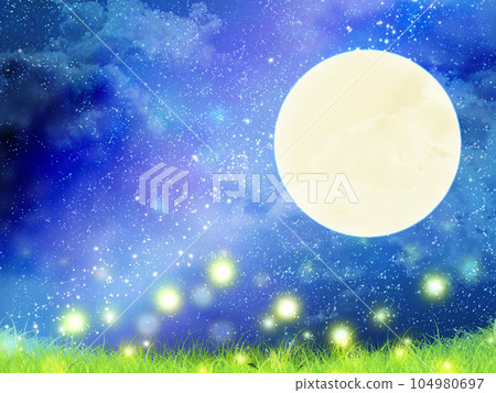 Grasslands shining on a full moon night and fireflies flying around 104980697