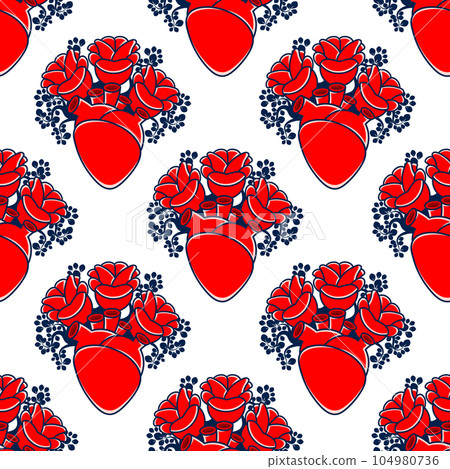 Red love heart seamless pattern illustration. Cute romantic pink hearts background print. Valentine s day holiday backdrop texture, romantic 104980736