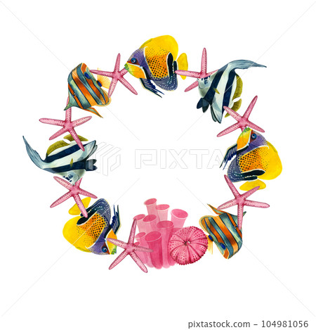 Round frame of tropical fish and stars, coral and pink sea urchin on a white background. All elements are hand-drawn in watercolor on a white background. Suitable for printing on fabric, design Round frame of tropical fish and stars, coral and pink sea urchin on a white background. All elements are hand-drawn in watercolor on a white background. Suitable for printing on fabric, design 104981056