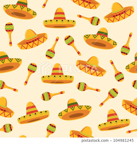 Seamless colorful Mexican pattern with sombrero and maracas 104981245