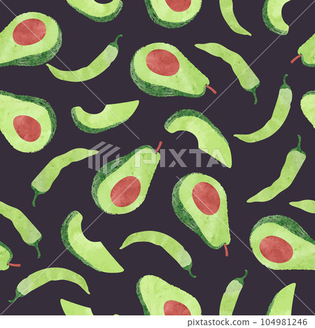 Seamless watercolor pepper and avocado pattern. Vector background 104981246
