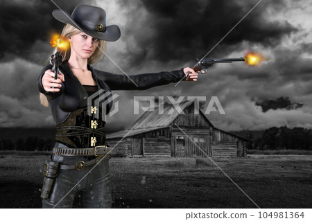 一名女槍手在西部小鎮向敵人開槍兩槍 104981364