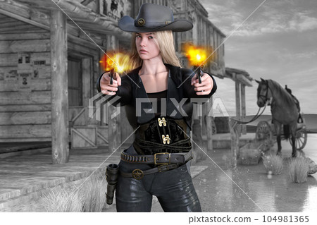 一名女槍手在西部小鎮向敵人開槍兩槍 104981365