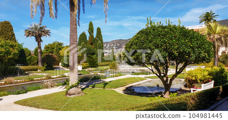 French garden of Villa and gardens Ephrussi de Rothschild in Saint-Jean-Cap-Ferrat Villa, Fountains and pond , palm trees and Cypress French garden of Villa and gardens Ephrussi de Rothschild in Saint-Jean-Cap-Ferrat Villa, Fountains and pond , palm trees and Cypress 104981445
