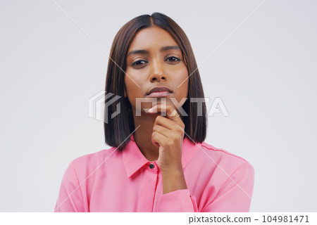 Business woman, portrait and thinking for idea, decision or choice against a white studio background. Isolated thoughtful female person in doubt, ideas or wondering for question or remember on mockup 104981471