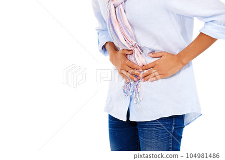 Woman, stomach and pain in discomfort, ache or sore digestion against a white studio background. Isolated female holding belly or painful uncomfortable area suffering from cramps on white background Woman, stomach and pain in discomfort, ache or sore digestion against a white studio background. Isolated female holding belly or painful uncomfortable area suffering from cramps on white background 104981486