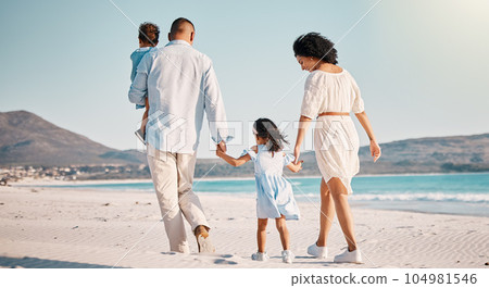 Holding hands, family love and beach walking, bonding or enjoy quality time together for vacation, holiday peace or freedom. Sea water, ocean and back view of travel people in Rio de Janeiro Holding hands, family love and beach walking, bonding or enjoy quality time together for vacation, holiday peace or freedom. Sea water, ocean and back view of travel people in Rio de Janeiro 104981546