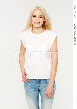 Fashion, smile and portrait of a model in studio with a cosmetic, makeup or natural face routine. Beauty, cosmetics and young woman from Australia with a casual outfit or clothes by white background. 104981548
