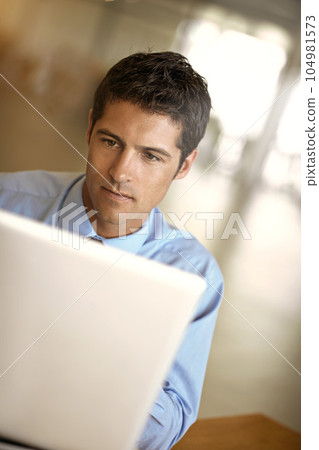 Laptop, focus and business man with online management, career planning and company software or website. Serious, office and professional person or worker reading digital news or working on computer Laptop, focus and business man with online management, career planning and company software or website. Serious, office and professional person or worker reading digital news or working on computer 104981573