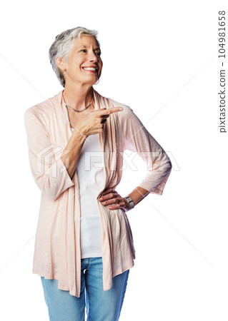 Studio, mockup and senior woman point at marketing sales promotion, discount deal or advertising mock up. Pointing gesture, gift product placement and happy mature model isolated on white background 104981658