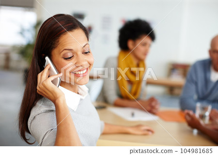 Communication, meeting and phone call news in office with good update for happy woman employee. Contact, network or appointment schedule confirmation on smartphone at marketing company. 104981685