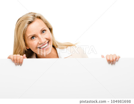 Portrait, banner and mature woman with in studio to mockup, timeline or news on white background. Face, smile and lady show steps, menu or promo, announcement or coming soon, deal or presentation 104981698