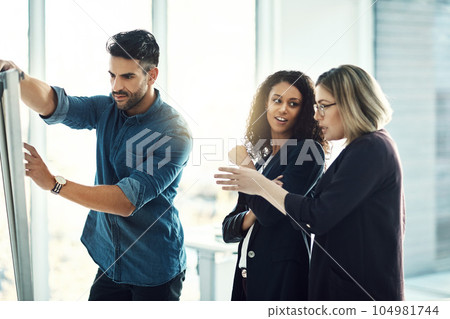 Brainstorming board, collaboration meeting and business people cooperation, research conversation or work on plan. Teamwork, group planning or designer team discussion on strategy, ideas or moodboard 104981744