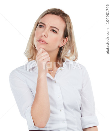 Focus, business and woman thinking, decision and leader isolated on white studio background. Female employee, entrepreneur and manager with ideas, opportunity or mindset for company or corporate deal Focus, business and woman thinking, decision and leader isolated on white studio background. Female employee, entrepreneur and manager with ideas, opportunity or mindset for company or corporate deal 104981746