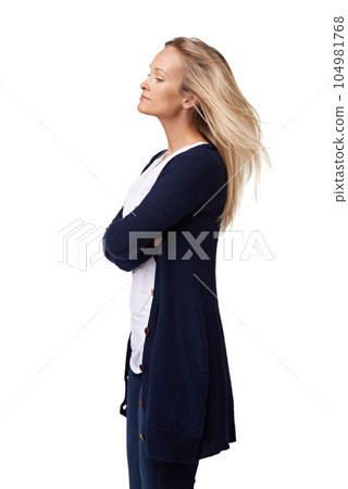 Woman, studio and arms crossed in profile with hair, beauty and fashion by white background. Model, hair care and trendy clothes with arms folded, isolated and thinking for goals, vision or focus Woman, studio and arms crossed in profile with hair, beauty and fashion by white background. Model, hair care and trendy clothes with arms folded, isolated and thinking for goals, vision or focus 104981768