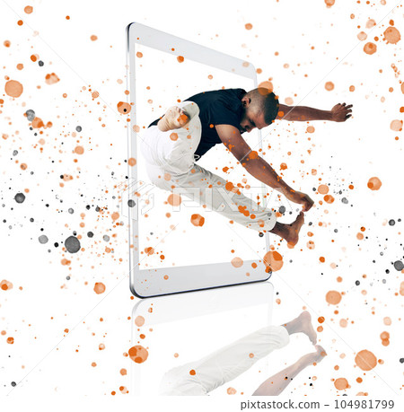 Frame, karate and man jump on digital tablet in studio for training, health and color splash on white background. Screen, box and male taekwondo trainer with online app for martial arts workout Frame, karate and man jump on digital tablet in studio for training, health and color splash on white background. Screen, box and male taekwondo trainer with online app for martial arts workout 104981799