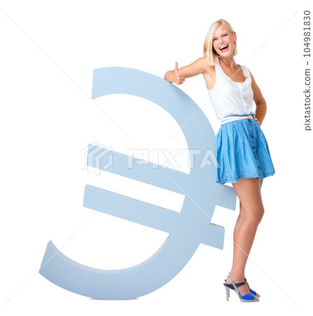 Euro icon, thumbs up and portrait of woman in studio for finance mockup, money and profit growth. Financial success, stock exchange and isolated girl with UK currency for bank, investment and economy 104981830