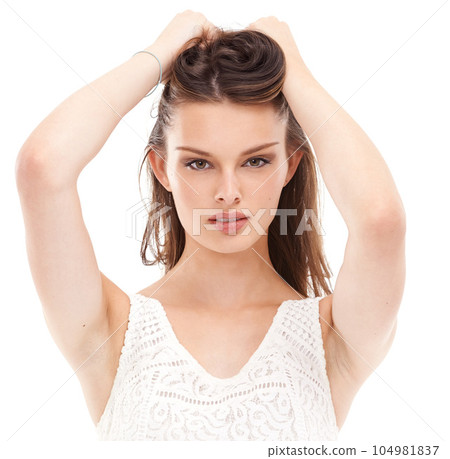 Brunette beauty model, fashion or portrait on isolated white background in trendy hairstyle, keratin treatment or clothes. Woman, face or brown hair color on advertising mock up for gen z dye brand 104981837